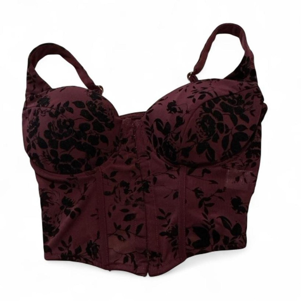Unbranded Floral Burnout Corset Top Women Small Burgundy Black Excellent Velvet